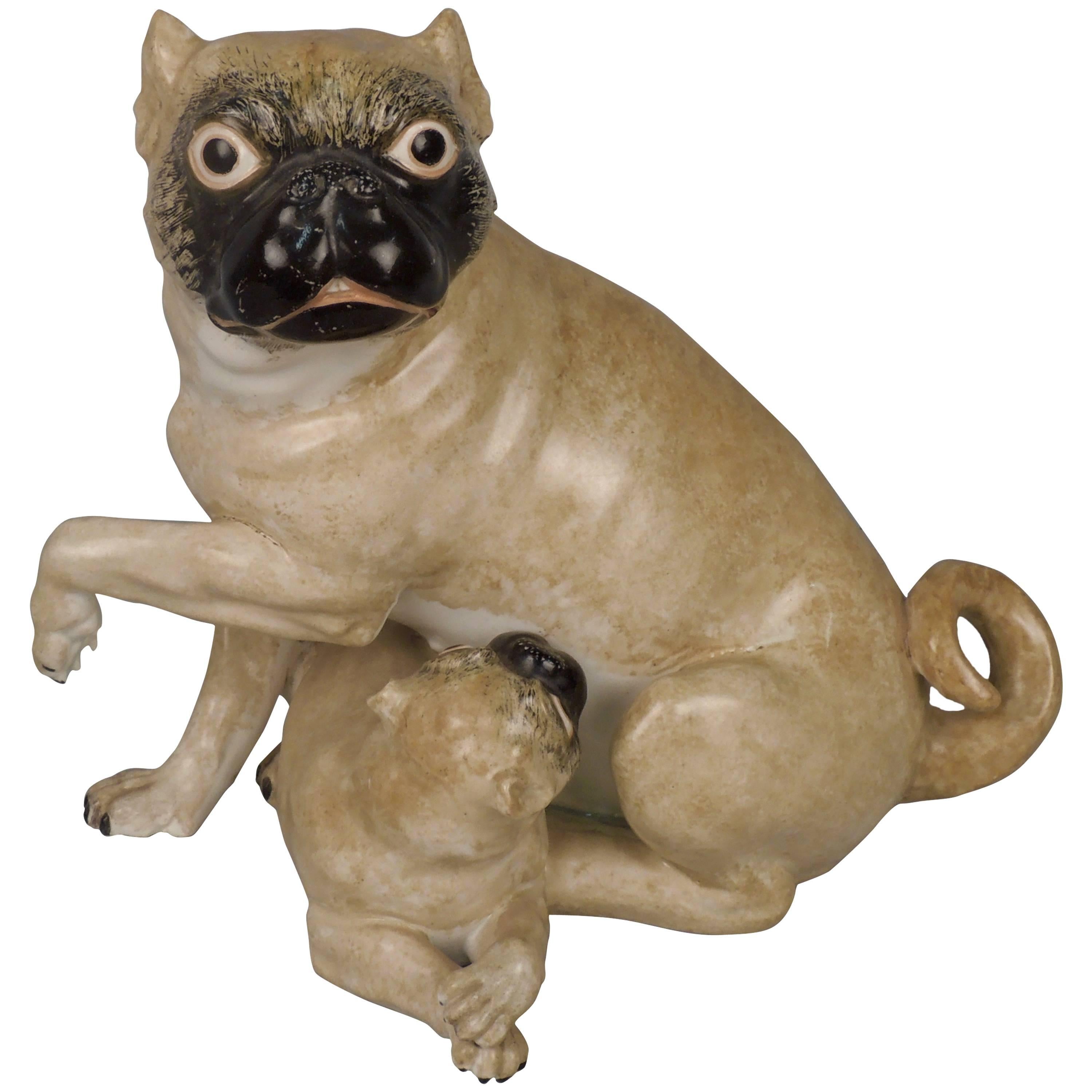 Antique Chamberlain Worcester English Porcelain Pug Mother Dog & Puppy Figurine