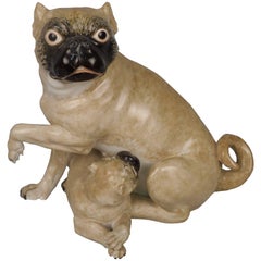 Antike Chamberlain Worcester Englische Porzellan-Pug-Mutter- Hund- und Mohnblumenfigur aus Porzellan