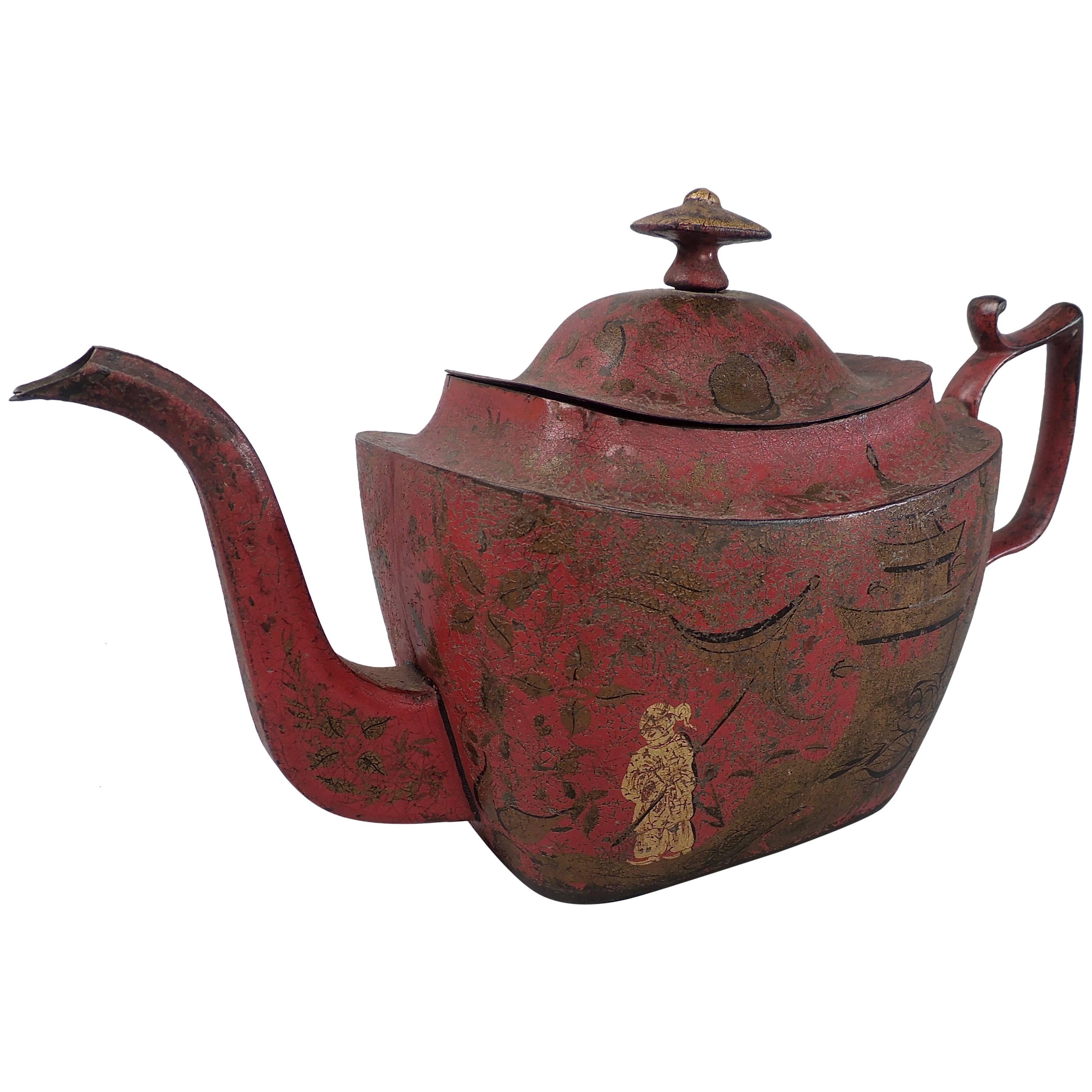 Antique Georgian Red Tole Peinte or Toleware Teapot with Chinoiserie Decoration