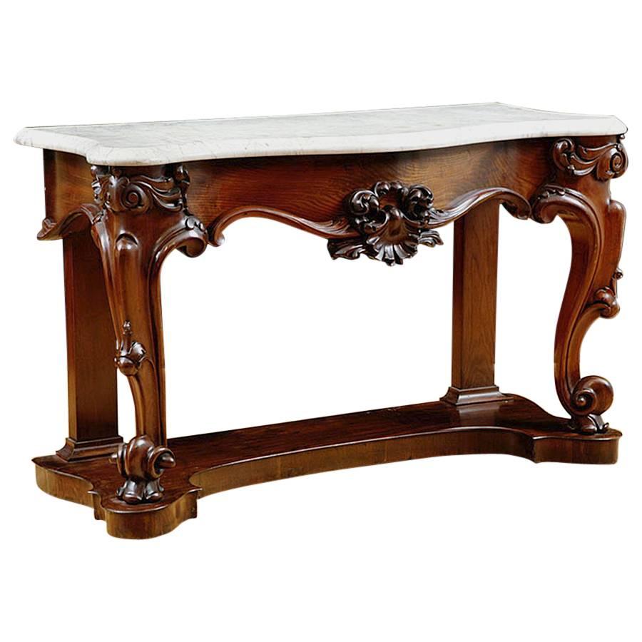 American Console Table in Mahogany with White Marble Top, circa 1835 For Sale