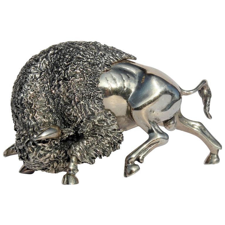 Charging Buffalo Italian 800 Silver Sculpture by M. Cerreti at 1stDibs