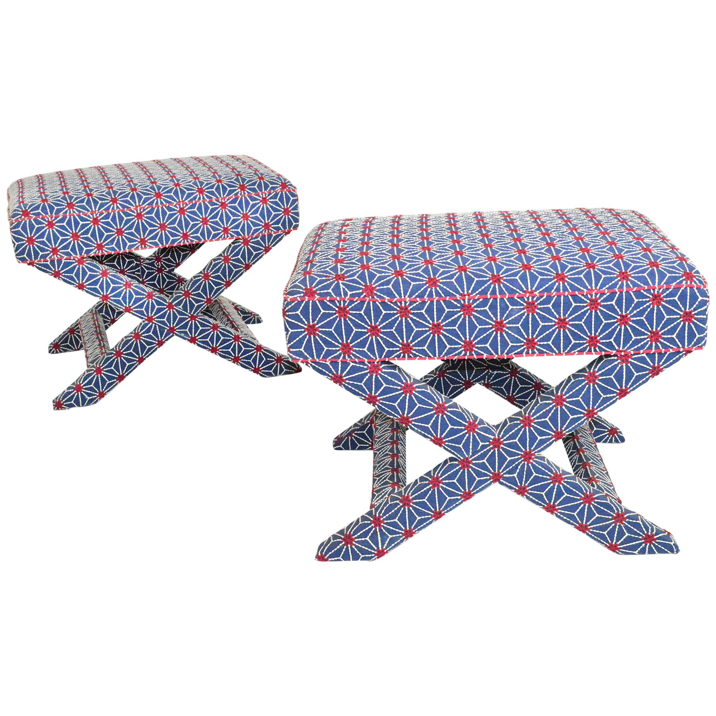 Pair of Upholstered X-Form Stools For Sale