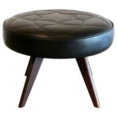 Vintage Danish Black Leather Round Ottoman