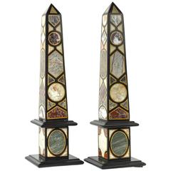 Large Pair of Inlaid Specimen Marble Obelisks