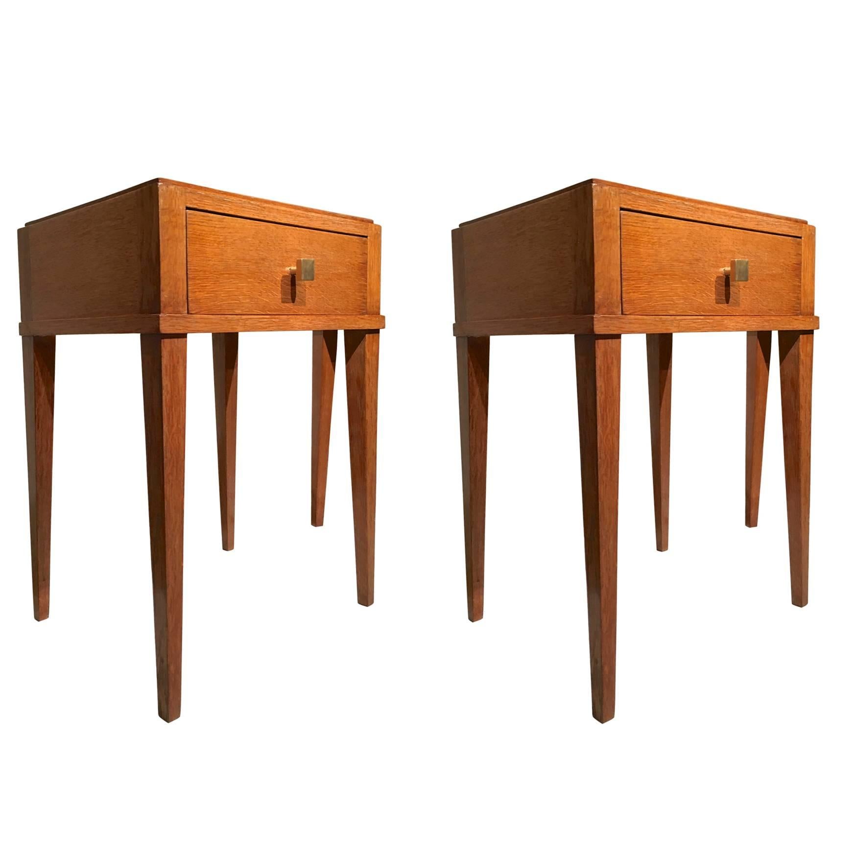 Jacques Adnet Oak Pair of Neoclassic Side Tables or Bedside Tables
