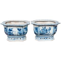 Pair of Blue and White Porcelain Jardinieres