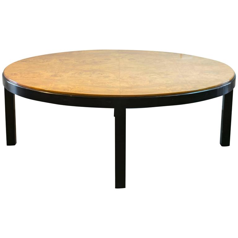 Round Milo Baughman Burl Wood and Ebony Coffee Table For Sale