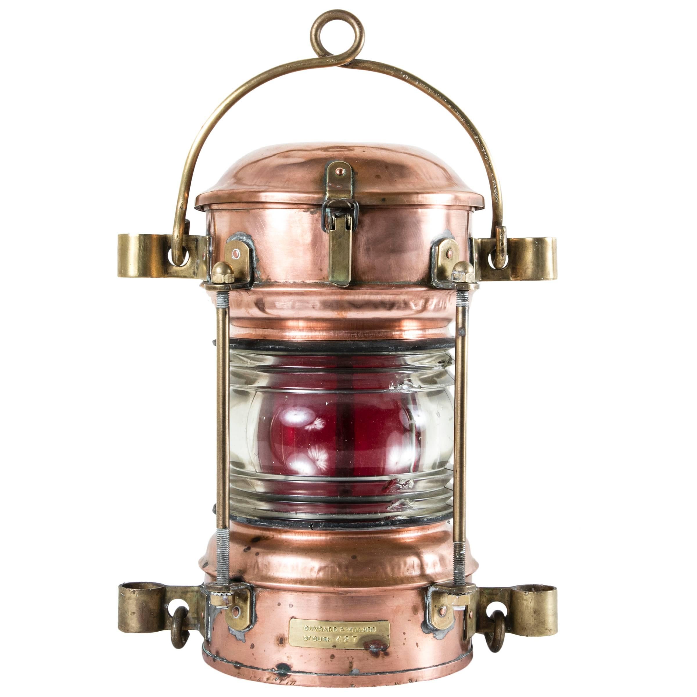 Large 19th Century French Copper and Brass Starboard Lantern with Red Glass