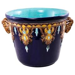Rare Large-Scale Majolica Cachepot or Planter in Blue and Gold Tones