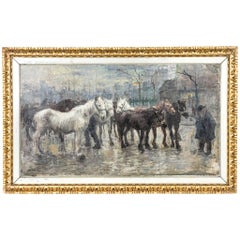 Large 19th Century French Impressionist Framed Oil on Canvas with Horses, Signed