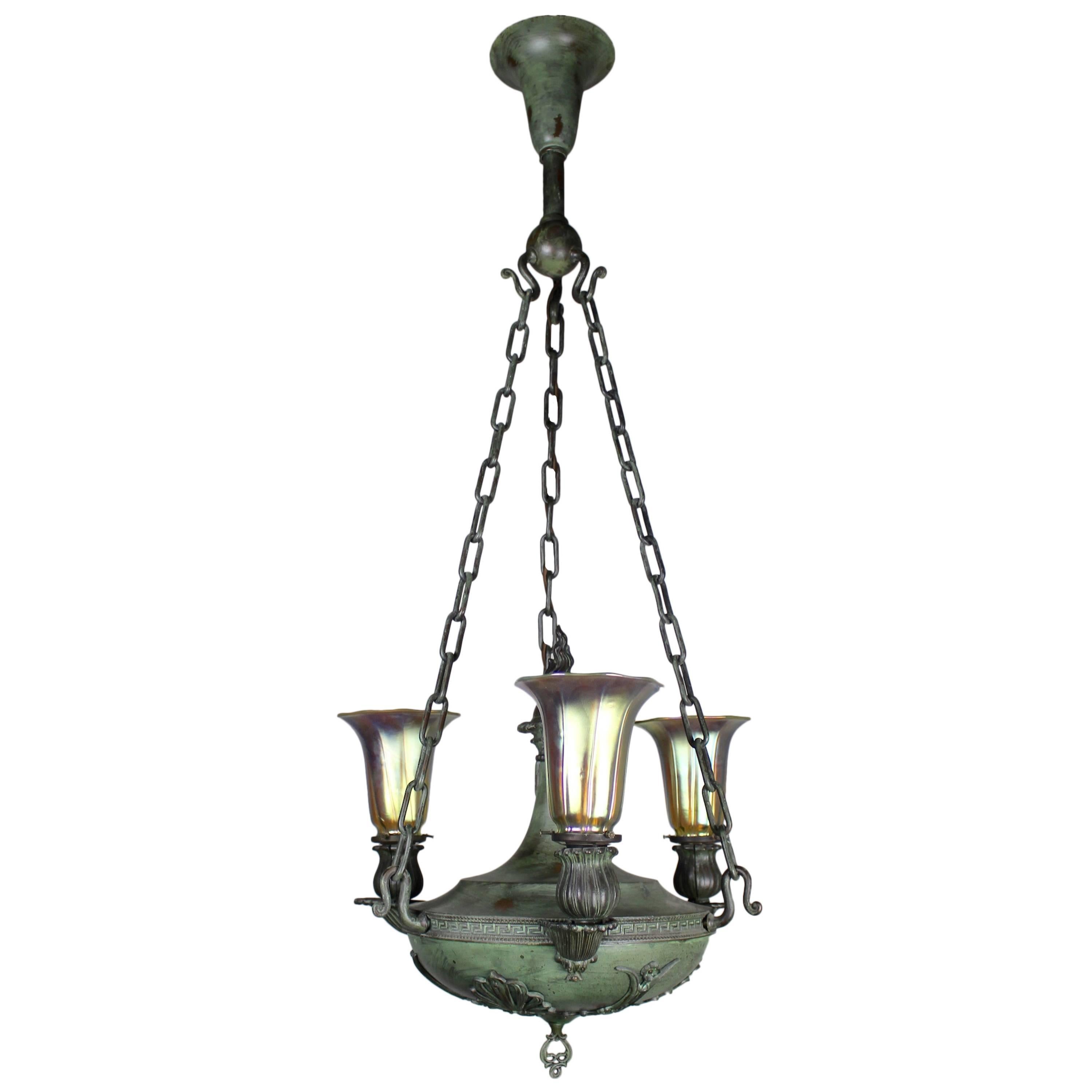 Beardslee Greek Revival Sanctuary Fixture with Art Glass Three-Light For Sale