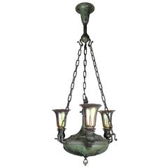 Antique Beardslee Greek Revival Sanctuary Fixture with Art Glass Three-Light