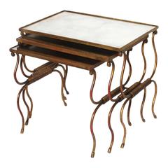 French Nest of Tables with Gilded Iron and Vintage Mirror Tops, circa 1940