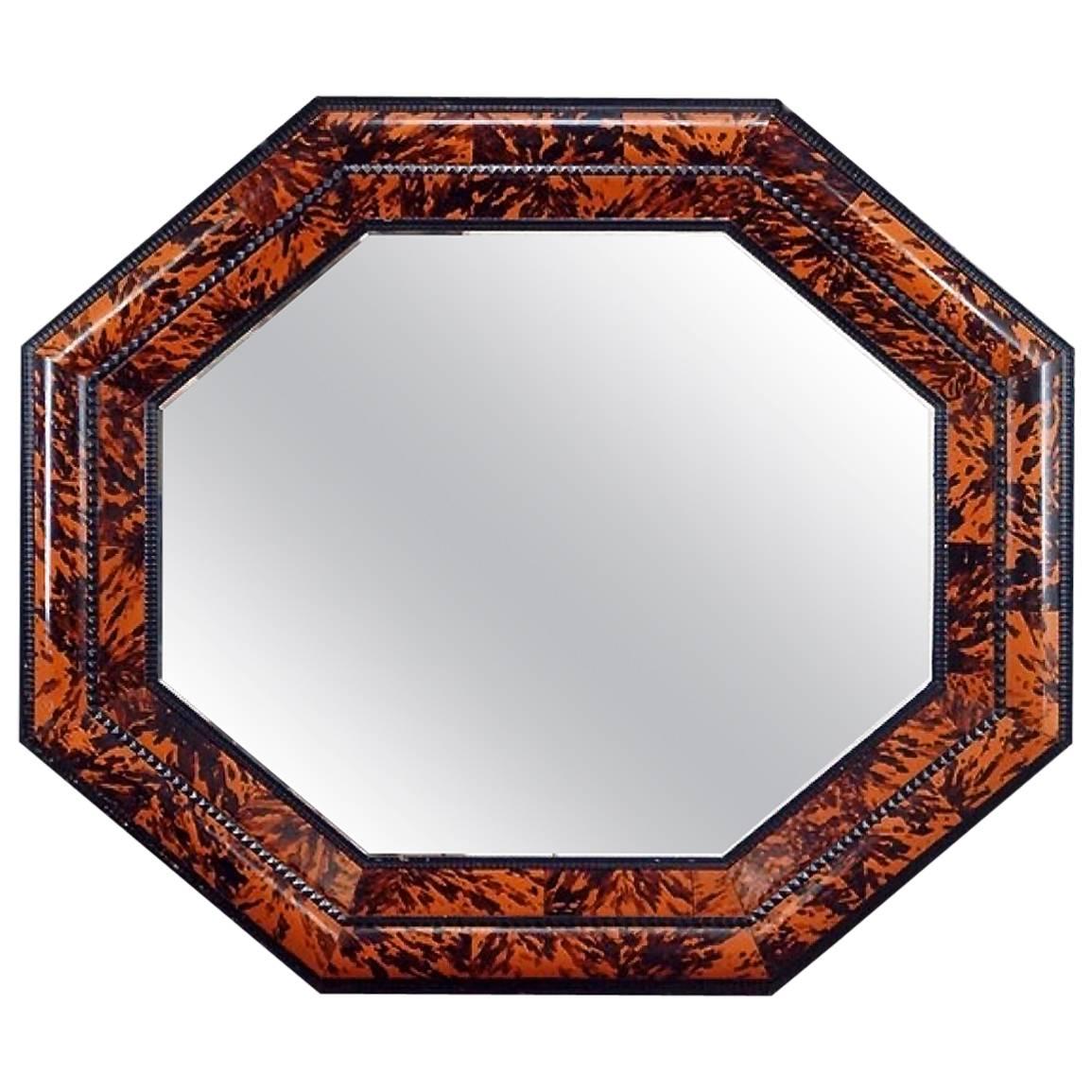 Large Flemish Style Octagonal Faux Tortoiseshell and Ebonized Mirror For Sale