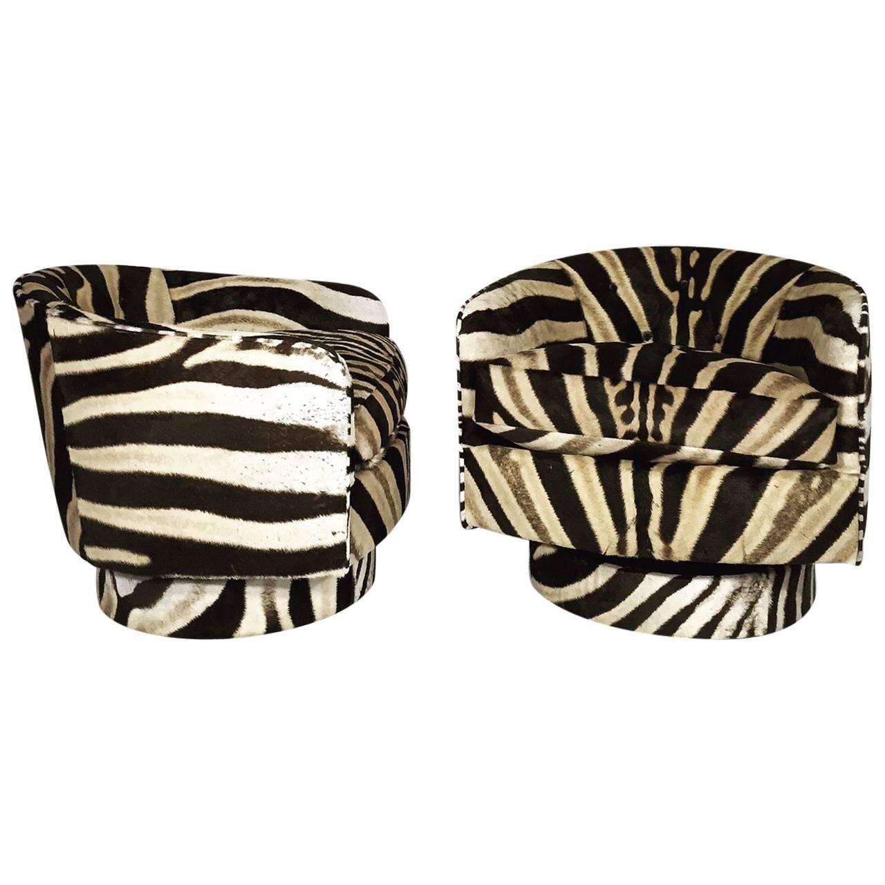 Milo Baughman 360 Degree Swivel and Tilt Club Chairs in Zebra Hide