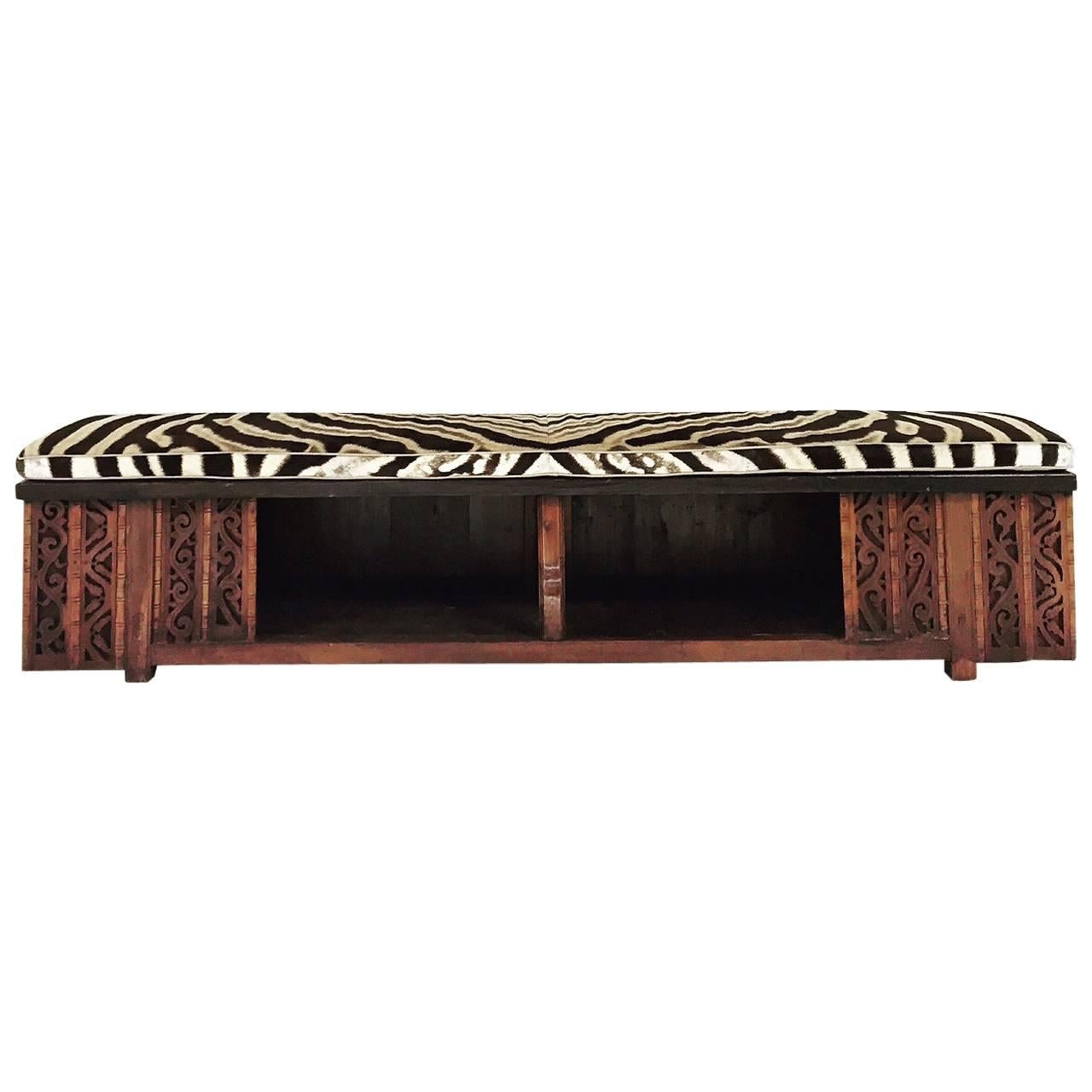 Vintage Carved Chinese Bench with Zebra Hide Cushion