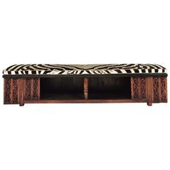 Used Carved Chinese Bench with Zebra Hide Cushion