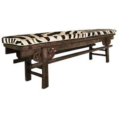 Vintage Chinese Painted Farmhouse Bench with Zebra Hide Cushion