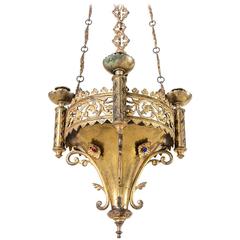 French Gothic Style Bronze Chandelier Pendant for Four Candles, circa 1860