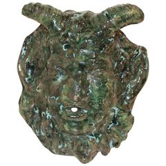 Vintage Great Green Glazed Pan or Devil's Head with Horns
