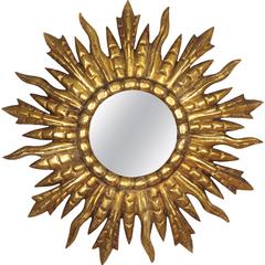 Antique Spanish Baroque Style Giltwood Sunburst Mirror, circa 1940s