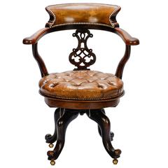 French Mahogany and Tufted Leather Swivel Desk Chair  