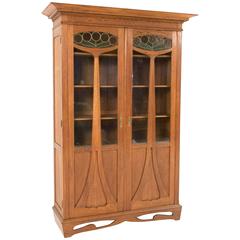Magnificent and Rare Arts & Crafts Bookcase with Original Stained Glass