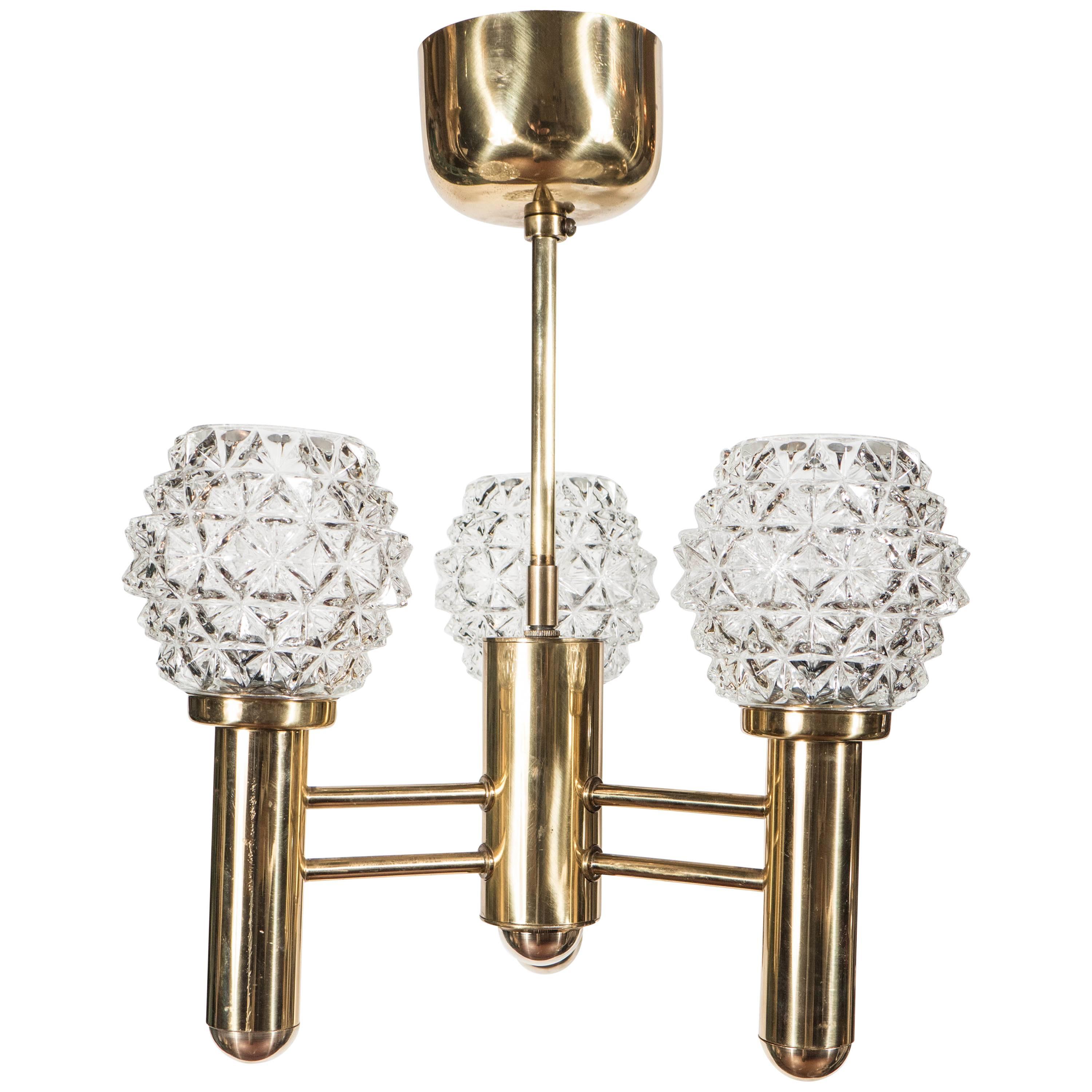 Sophisticated Three-Arm Chandelier in Brass with Crystal Shades by Richard Essig