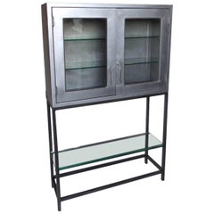Vintage Metal Dentist Cabinet With Glass Doors and Custom Iron Base