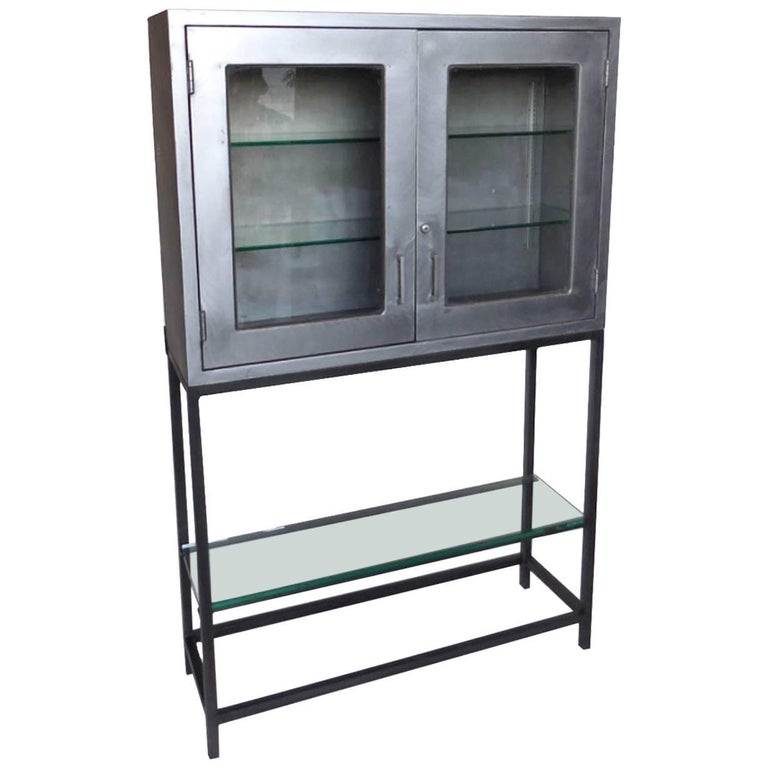 Vintage Metal Dentist Cabinet With Glass Doors And Custom Iron