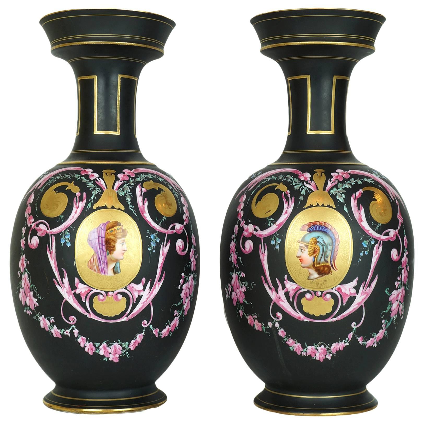 Pair of Neoclassical Porcelain Vases with Painted Portrait and Floral Decoration