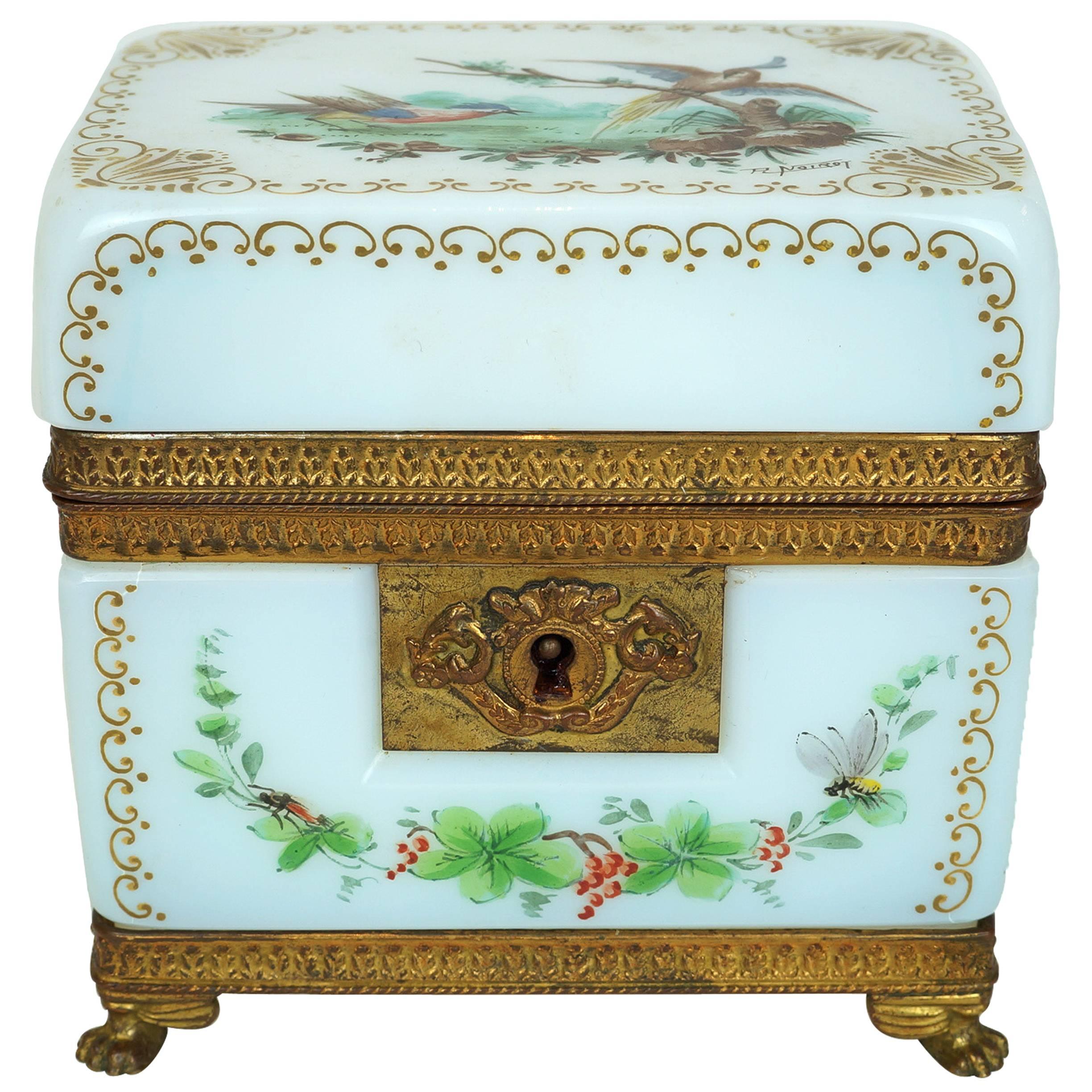 French White Opaline Jewelry Box with Painted Floral and Bird Decorations