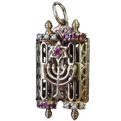 9K Gold Menorah Pendant with Star of David & Rubies, Seed Pearls
