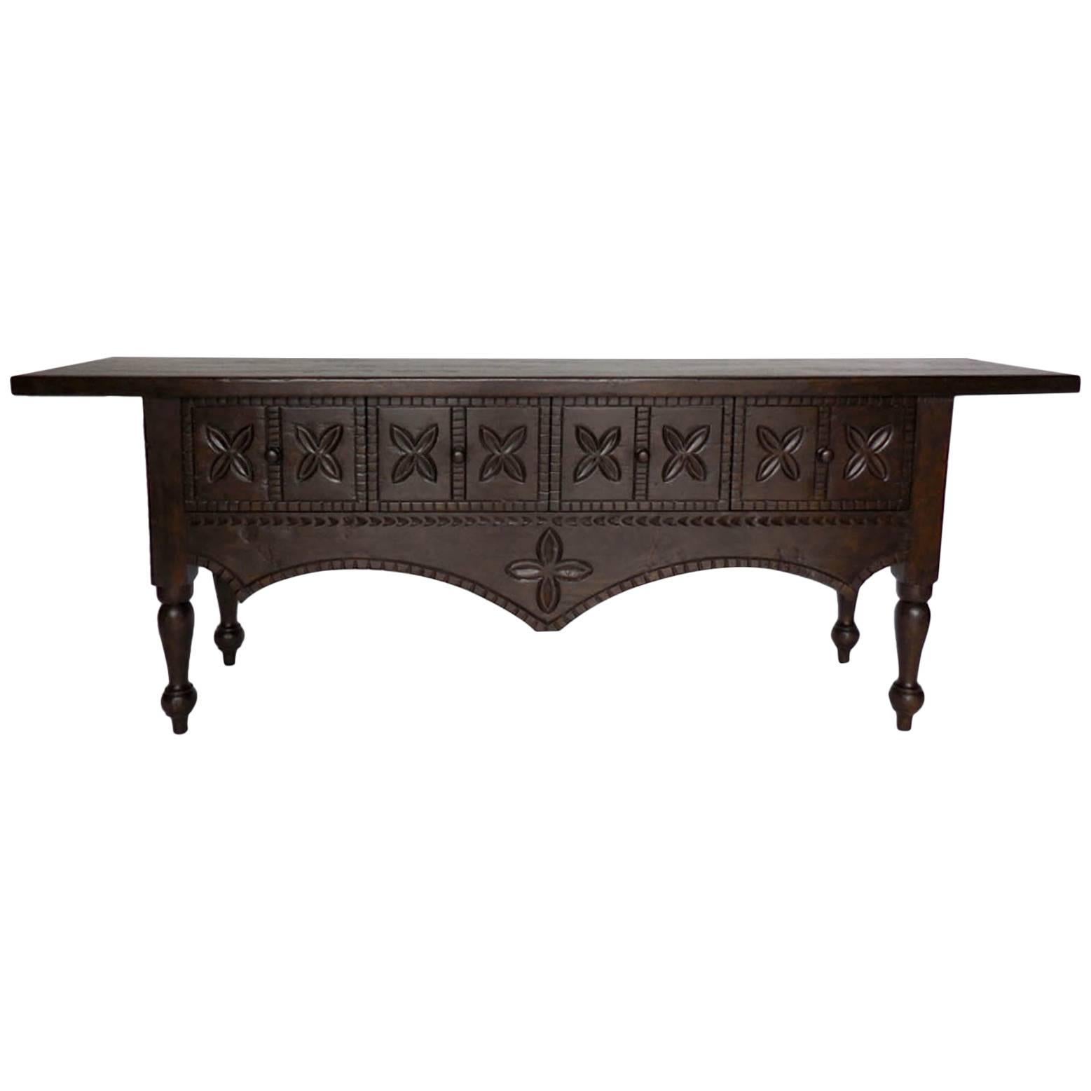 Dos Gallos Custom Carved Walnut Console with Drawers For Sale