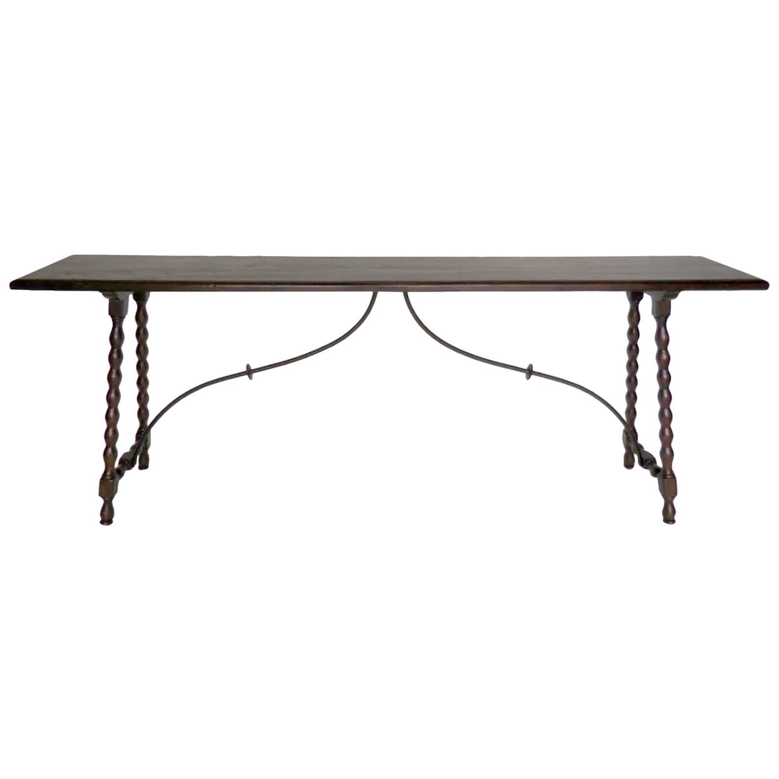 Dos Gallos Custom Walnut Wood and Iron Console with Bobbin/Spool Turned Legs For Sale