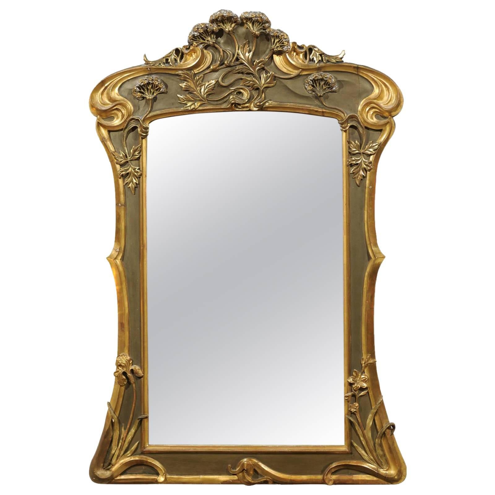 Art Nouveau Style Mirror in Gold and Taupe, circa 1950 For Sale