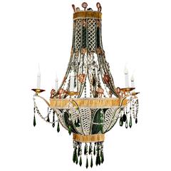 Unique Italian Louis XVI Style Amber Glass, Crystal and Green Glass Chandelier