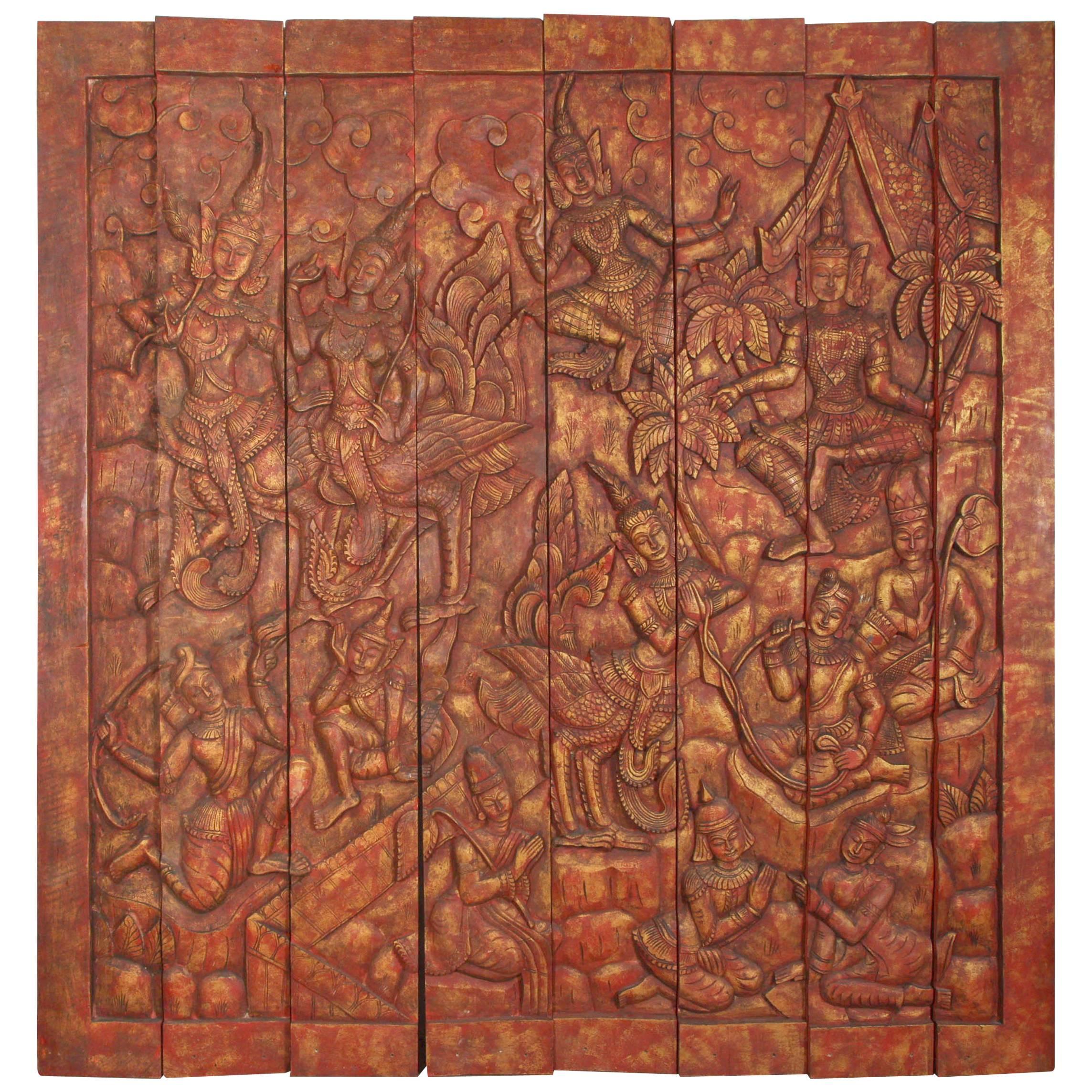 Antique Monumental Asian Hand-Carved Wooden Decorative Mural Panel 8ft