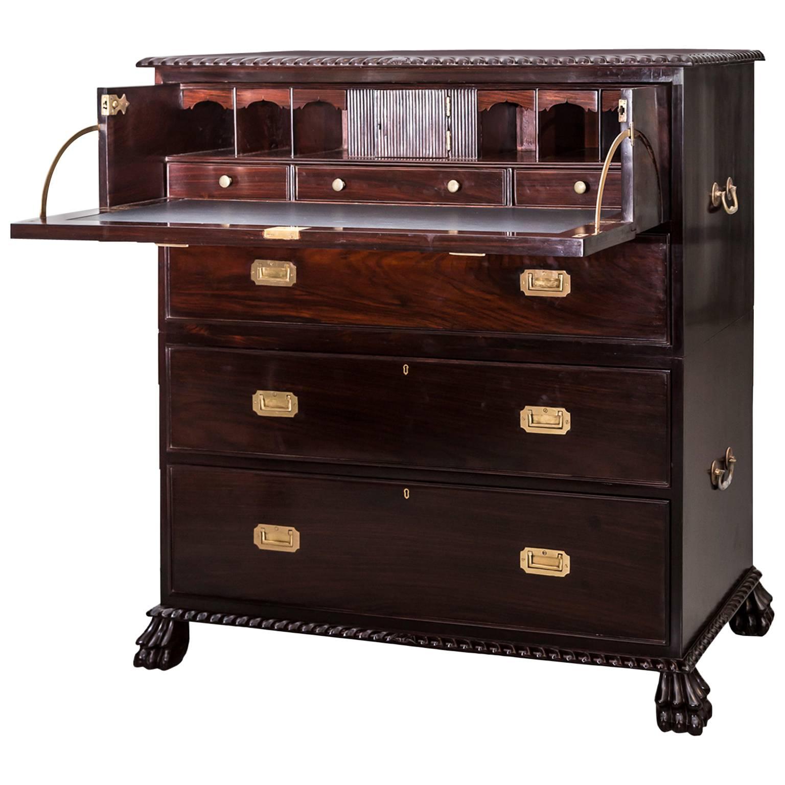 Anglo-Indian or British Colonial Rosewood Campaign Secretaire Chest of Drawers For Sale