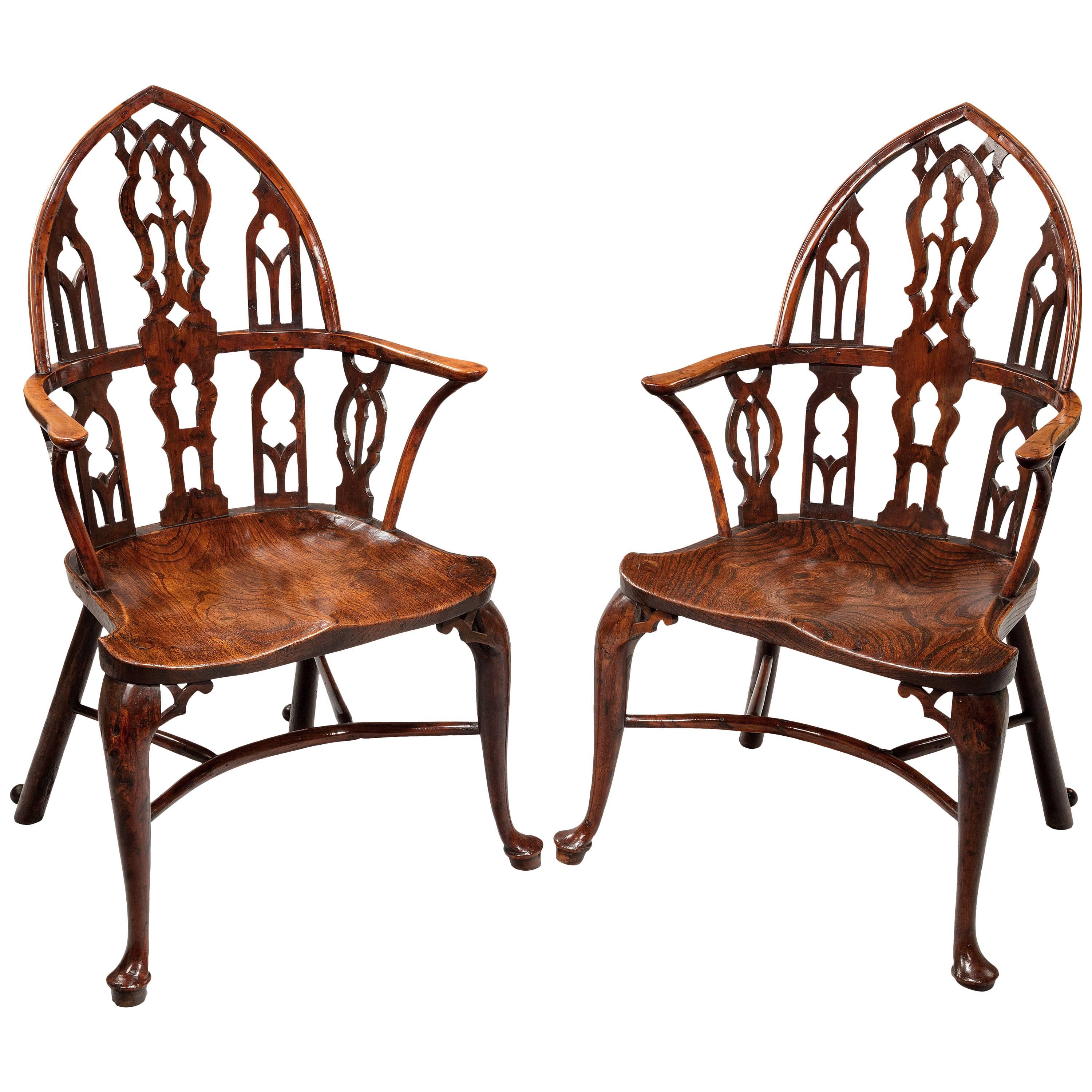 Rare Pair of George II Yew, Elm and Ash Gothic Windsor Armchairs