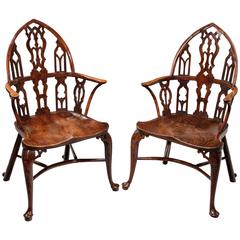 Antique Rare Pair of George II Yew, Elm and Ash Gothic Windsor Armchairs