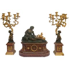 Palatial Rough Marble and Gilt Bronze Assembled Clock Set, 19th Century