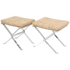 Pair of Nickeled Steel and Silk Ottomans by Alessandro Albrizzi 5