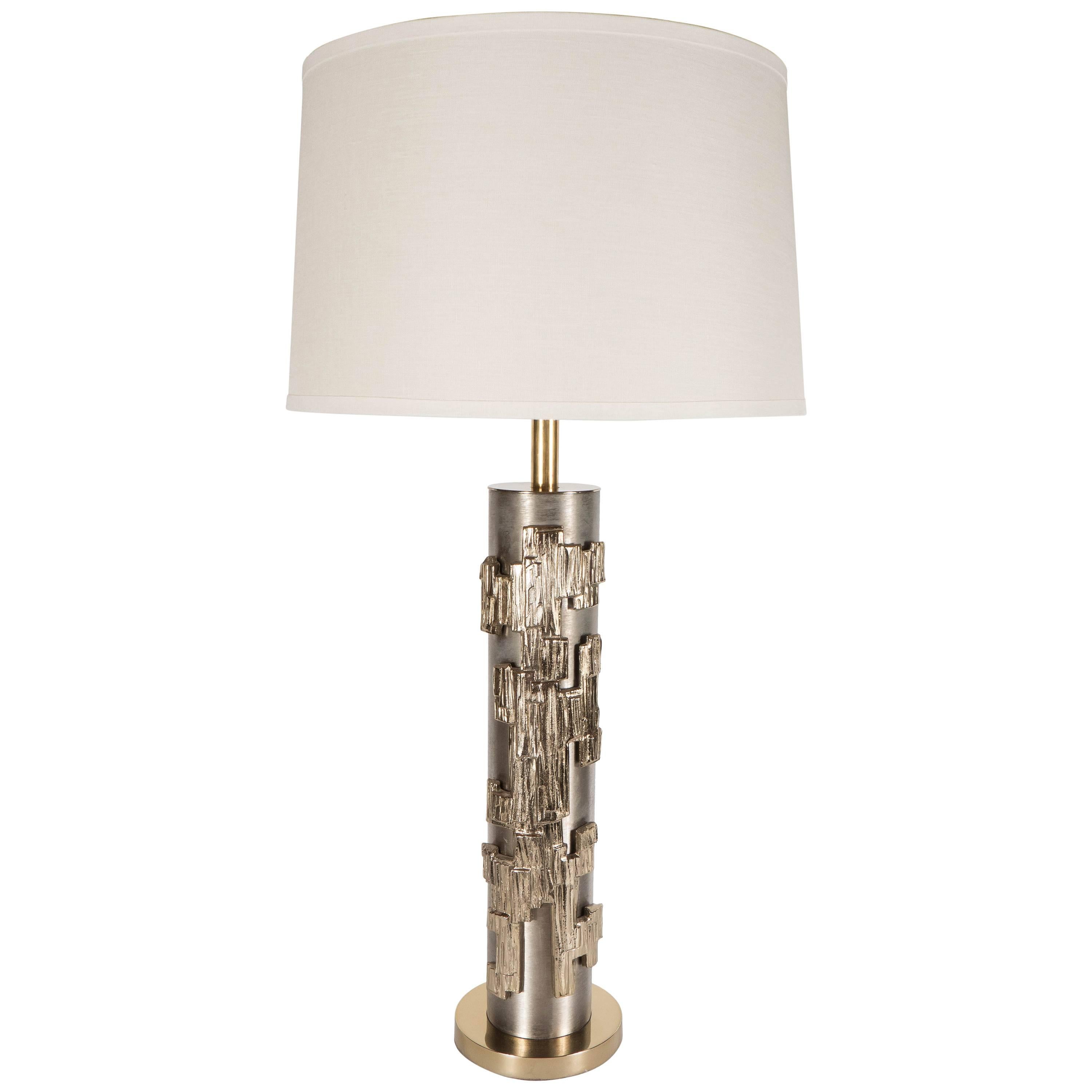 Laurel Lamp Co. Brutalist Brushed Steel Table Lamp w/ Striated Brass Appliqués