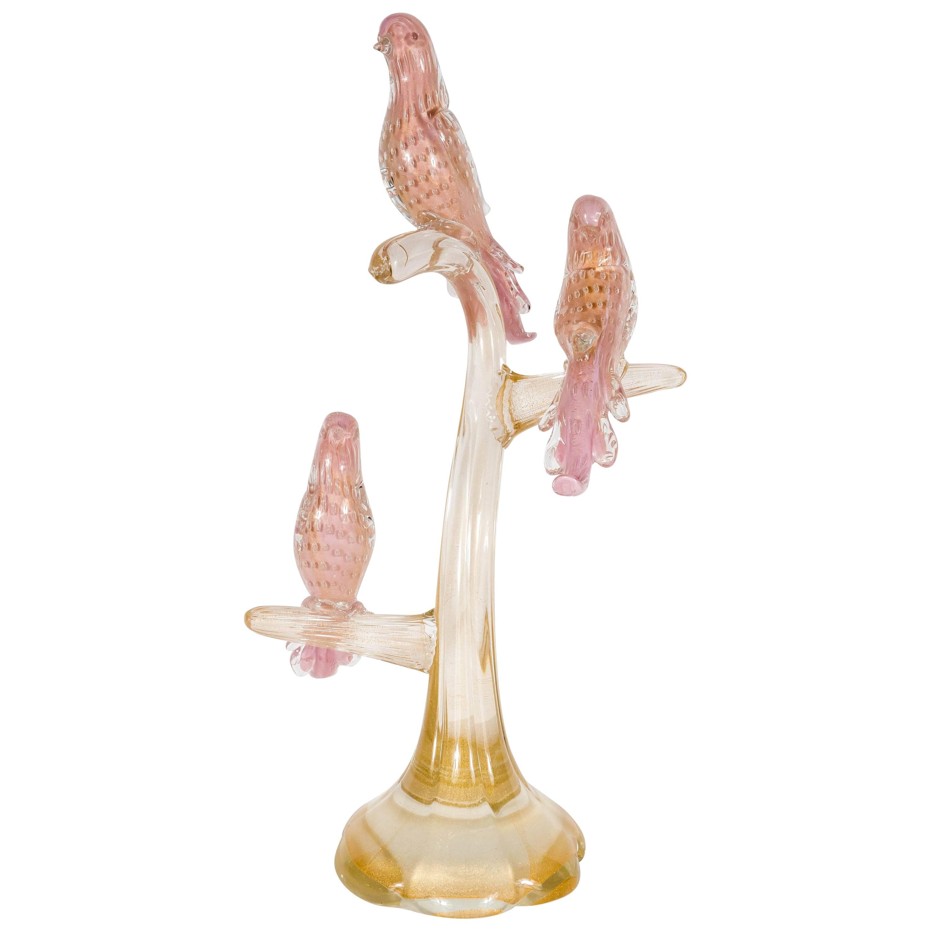 Midcentury Murano Glass Sculpture of Three Birds on a Branch
