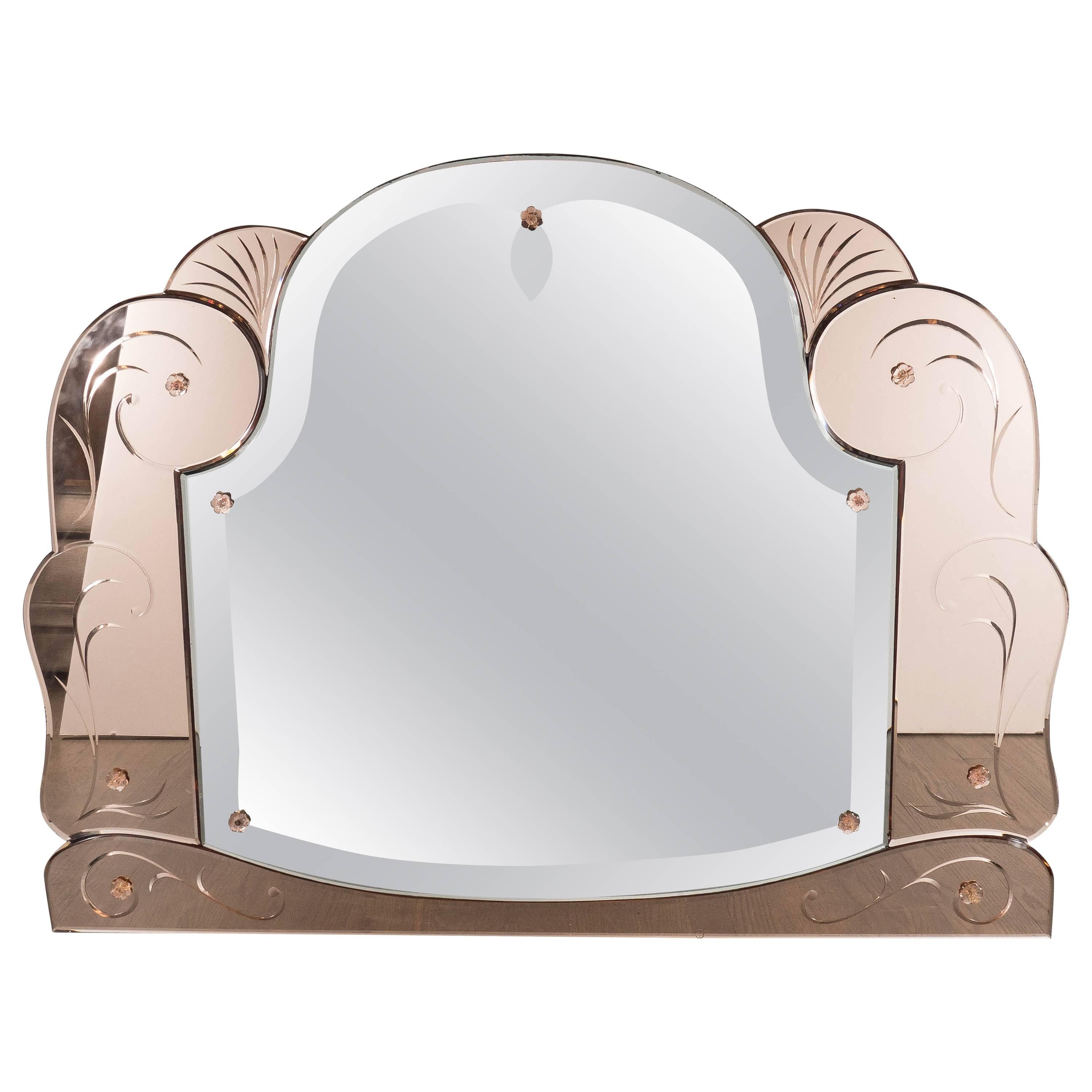 Art Deco Scroll Form Mirror with Copper-Tone Mirror Border