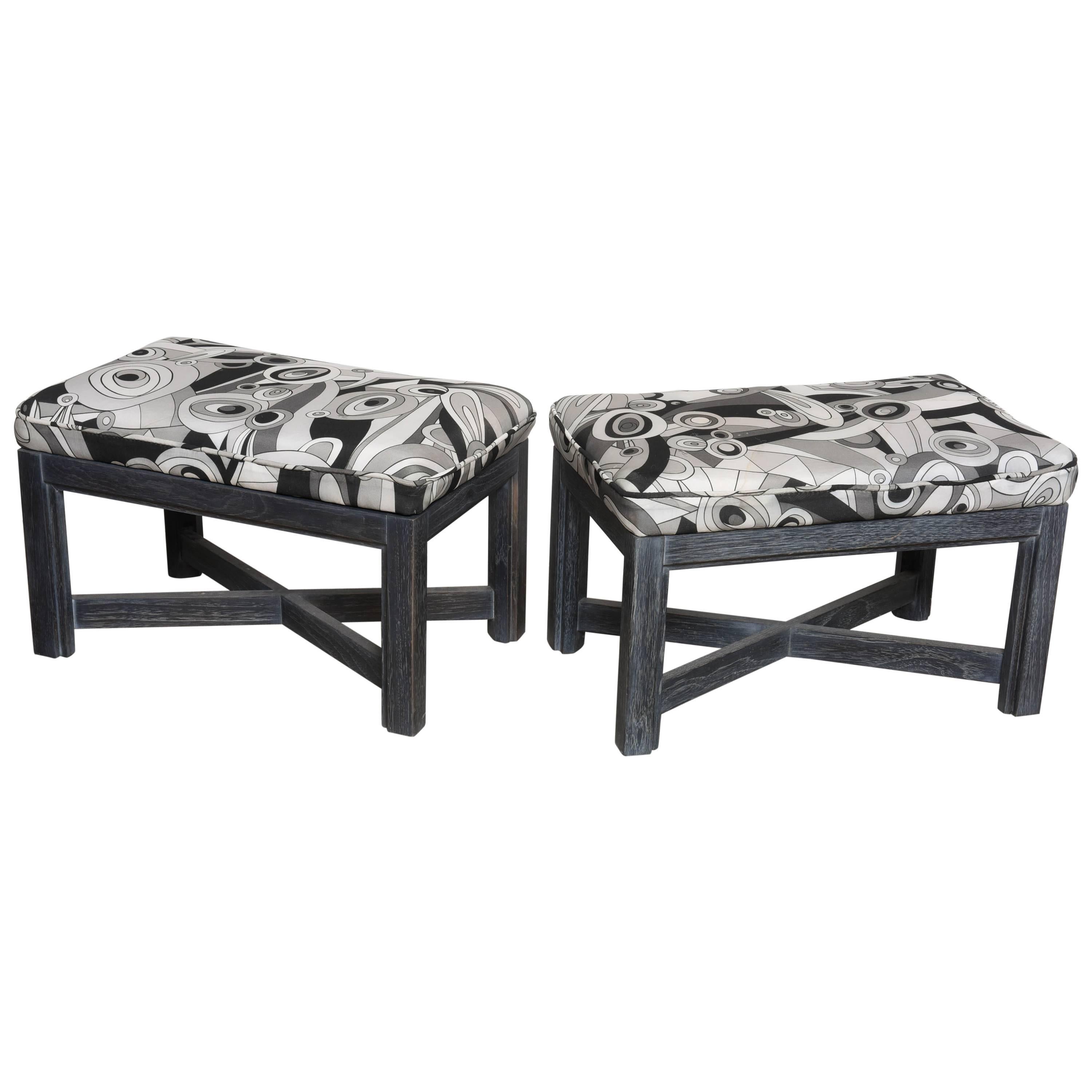 Upholstered Pair of Cerrused Oak X Base Stools  upholstered in Pucci Fabric