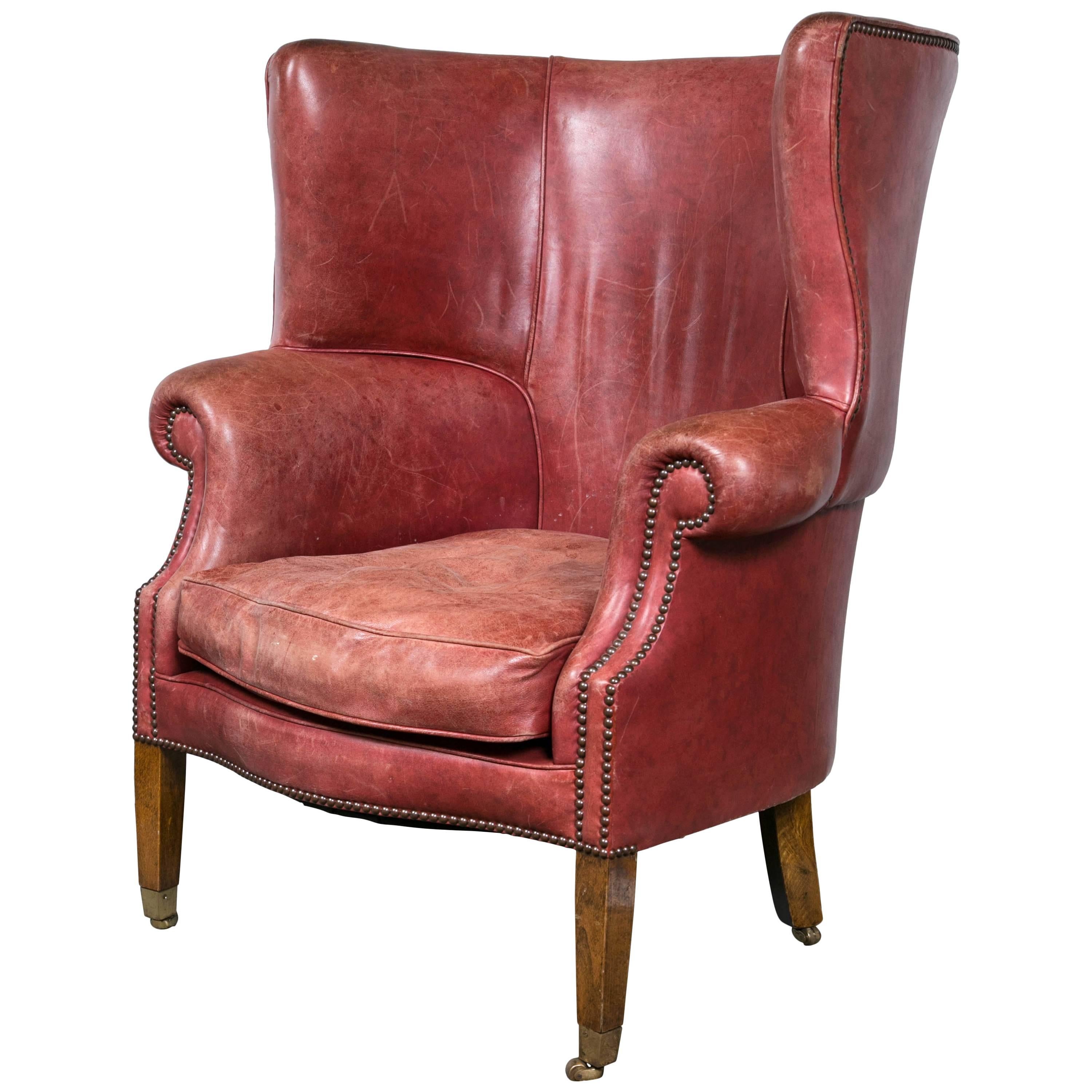 Red Leather Wing Chair For Sale