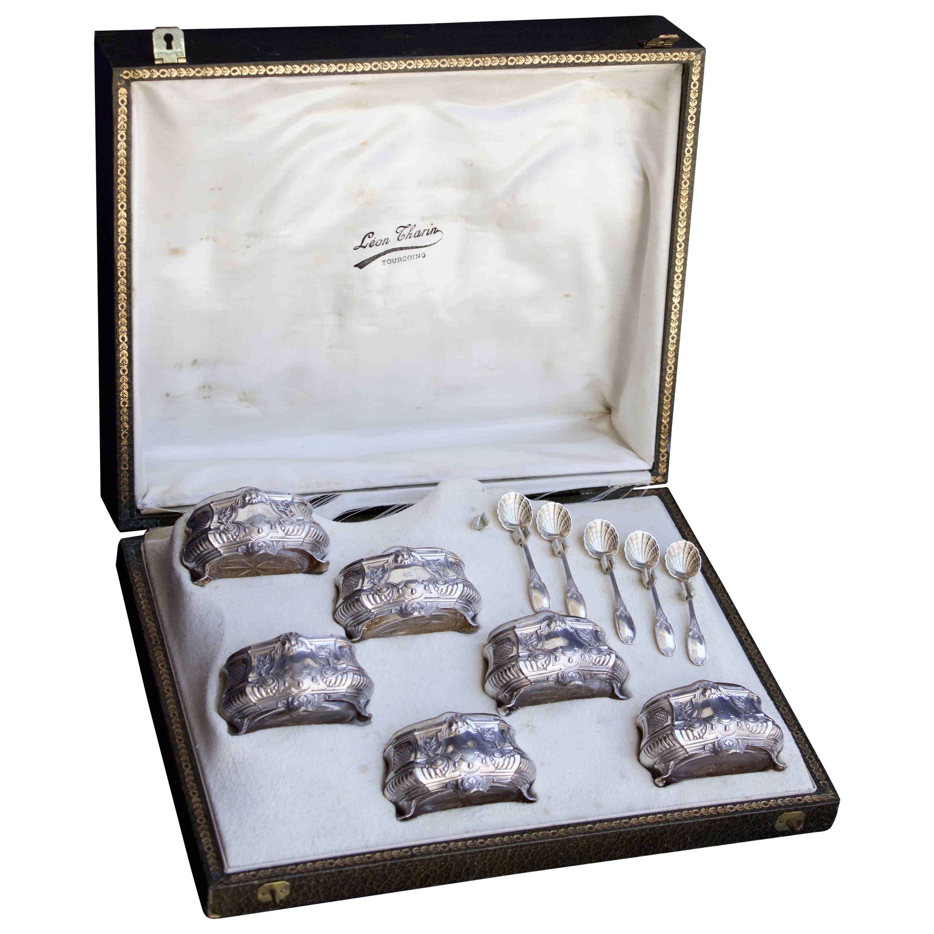Set of Six French Silver and Crystal Salt Cellars and Spoons