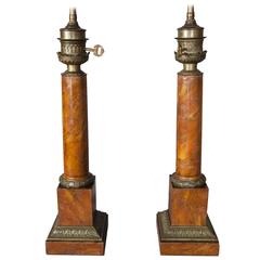 Pair of French Empire Faux Marble Tole Table Lamps by Gagneau, Paris